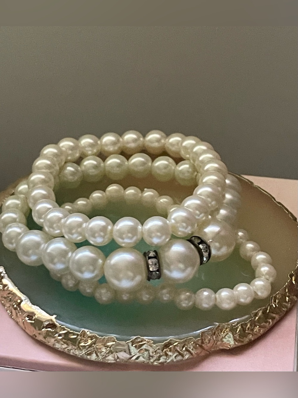 Vintage Faux Pearl Stretch Bracelet Set Rhinestone Accents 3-Piece